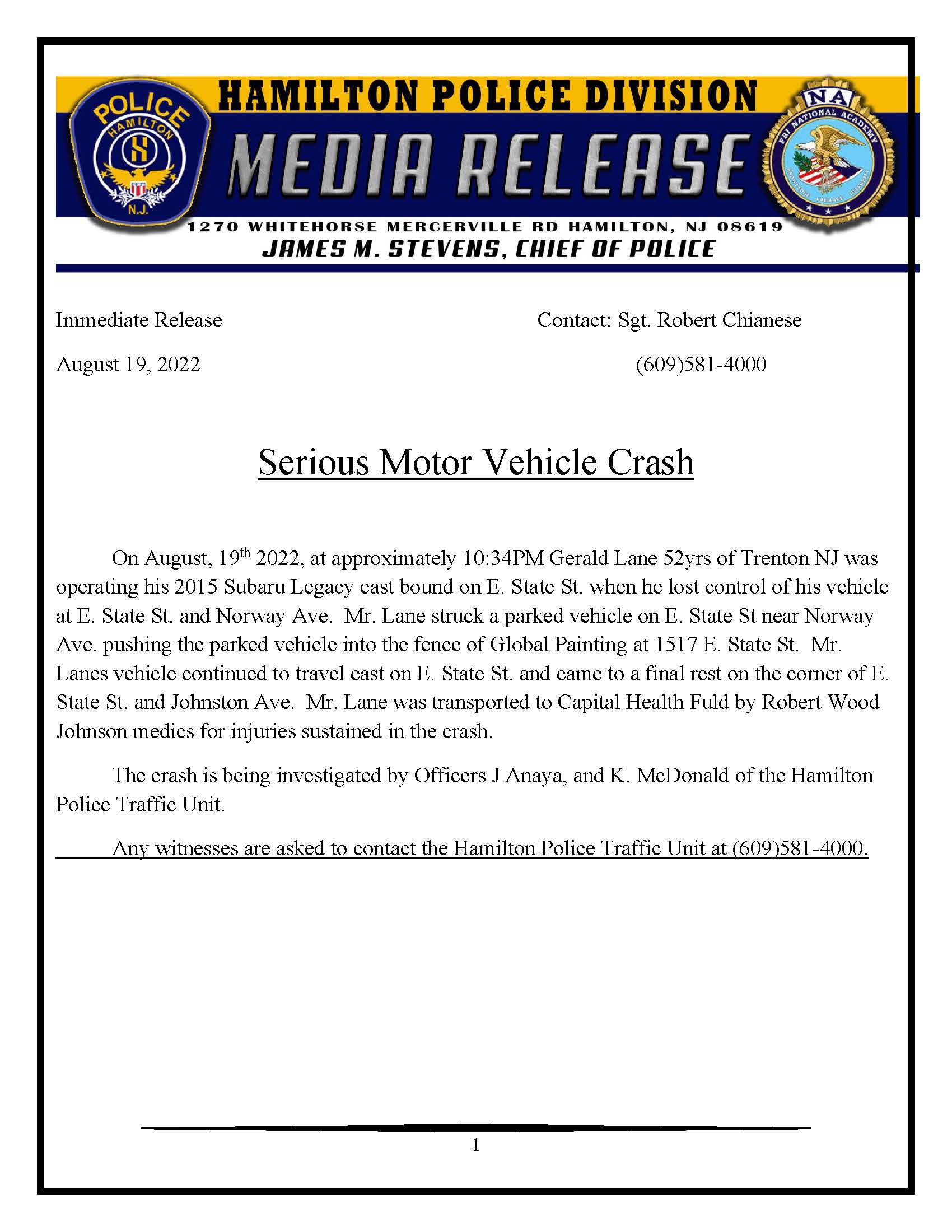 08-19-2022 - Serious Motor Vehicle Accident - E. State and Norway