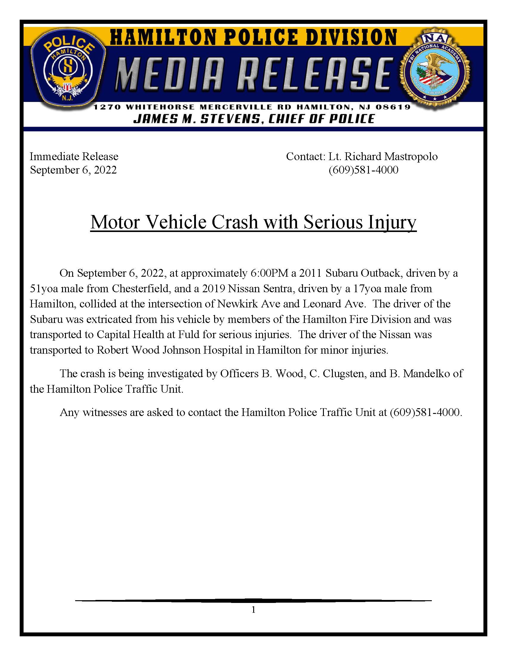 09-07-2022 - Serious Motor Vehicle Accident - Newkirk Ave and Leonard Ave