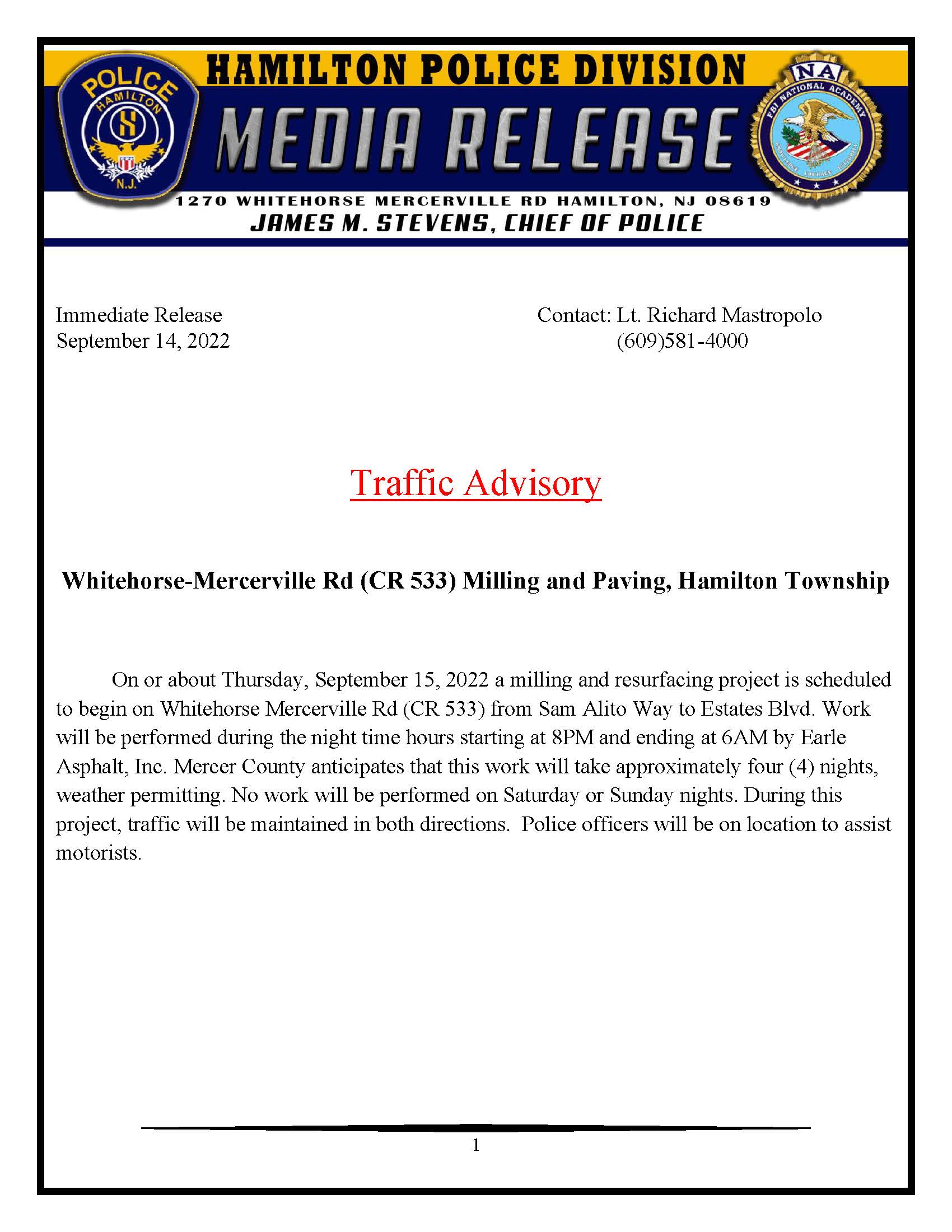 09-14-2022 - Whitehorse-Mercerville Road Traffic Advisory