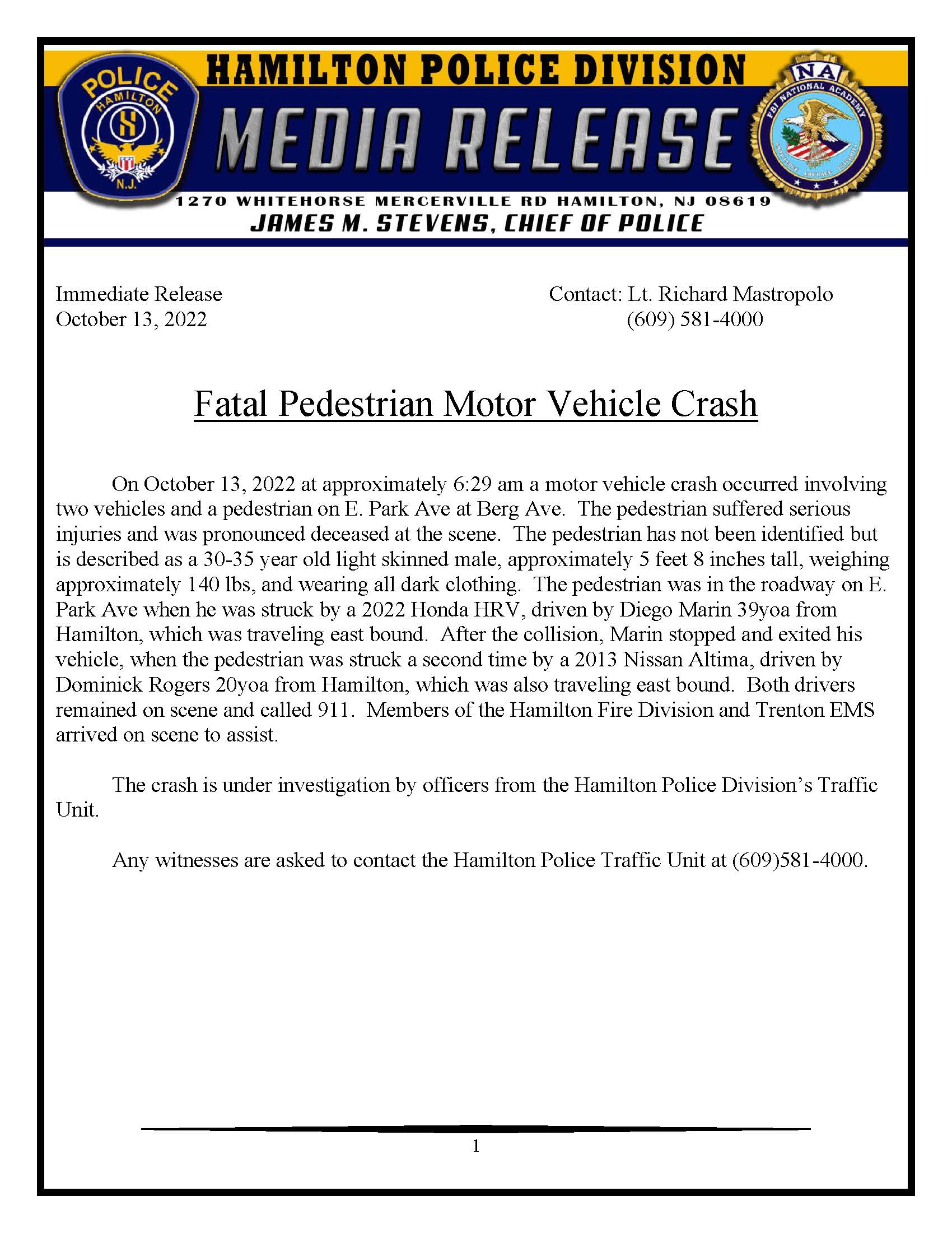 10-13-2022 Fatal Pedestrian and Vehicle Accident - E. Park Ave at Berg Ave