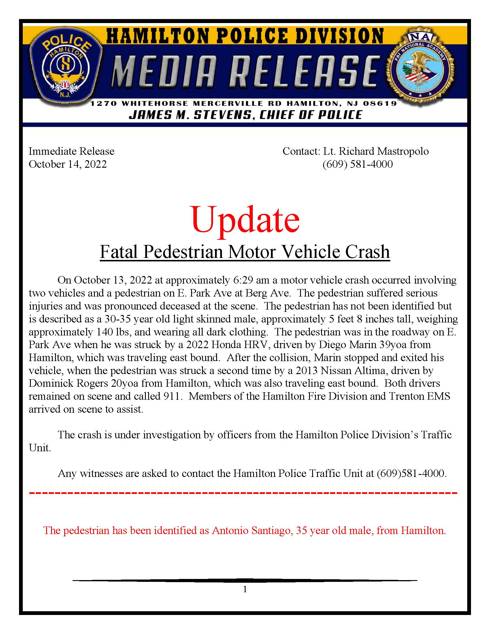 10/14/2022 Fatal Pedestrian and Vehicle Accident - E. Park Ave at Berg Ave - Update