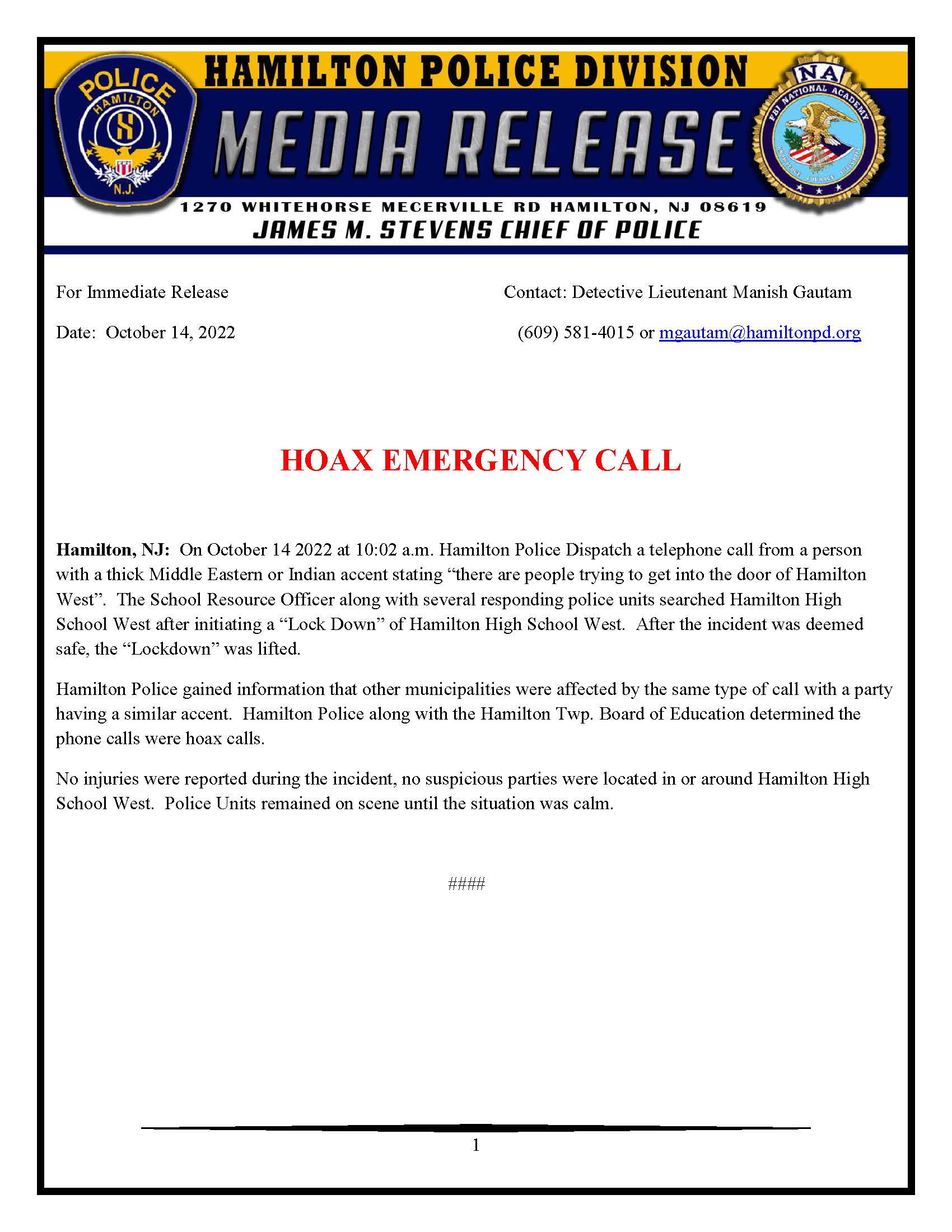 10/14/2022 - HOAX EMERGENCY CALL - Hamilton High School West