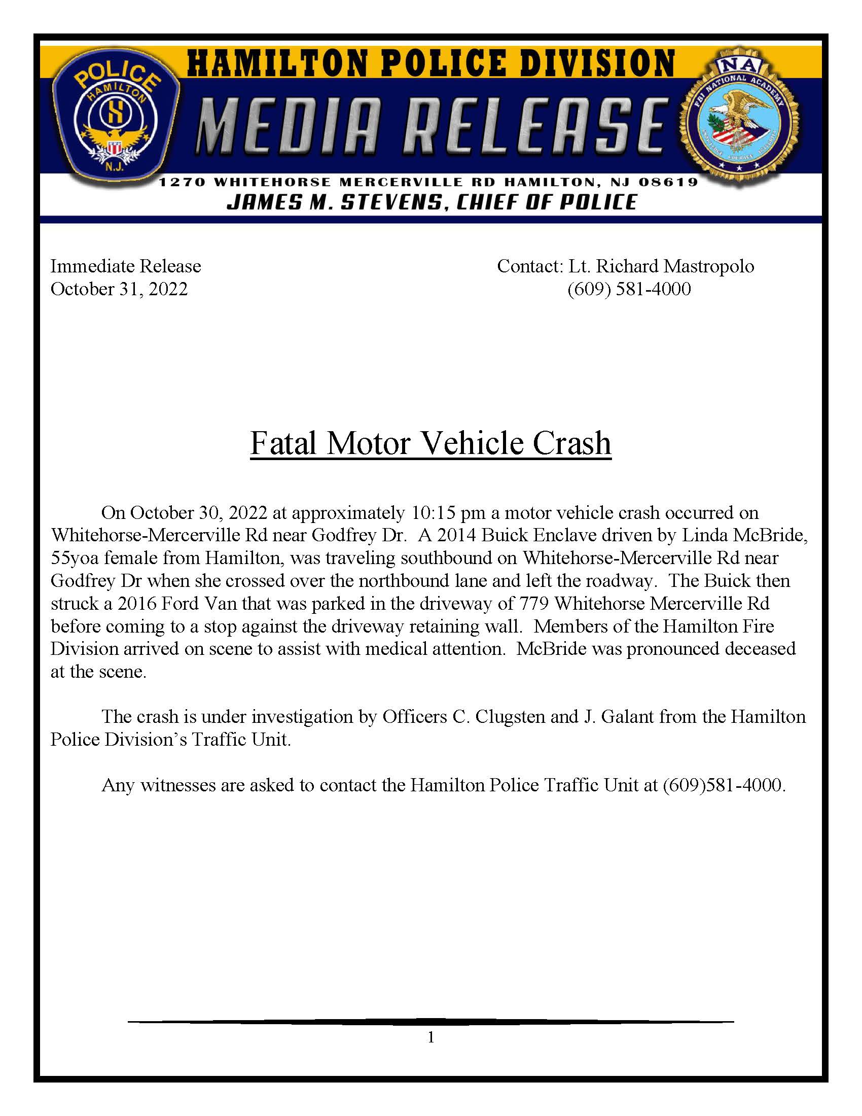 10-31-2022 - Fatal Car Accident - Whitehorse-Mercerville Rd near Godfrey Dr