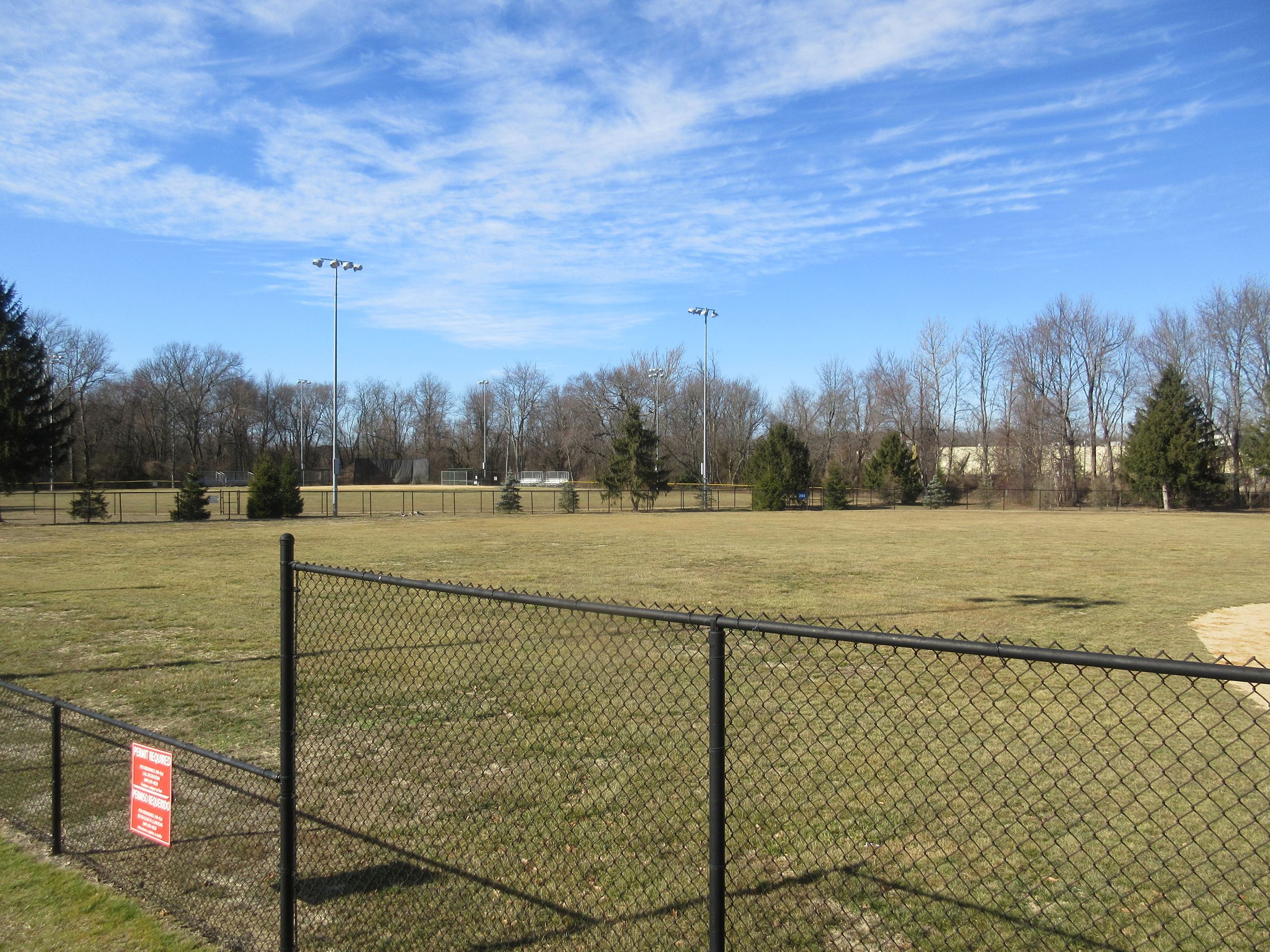 View from field one's bleachers of both fields at Warwick Park.