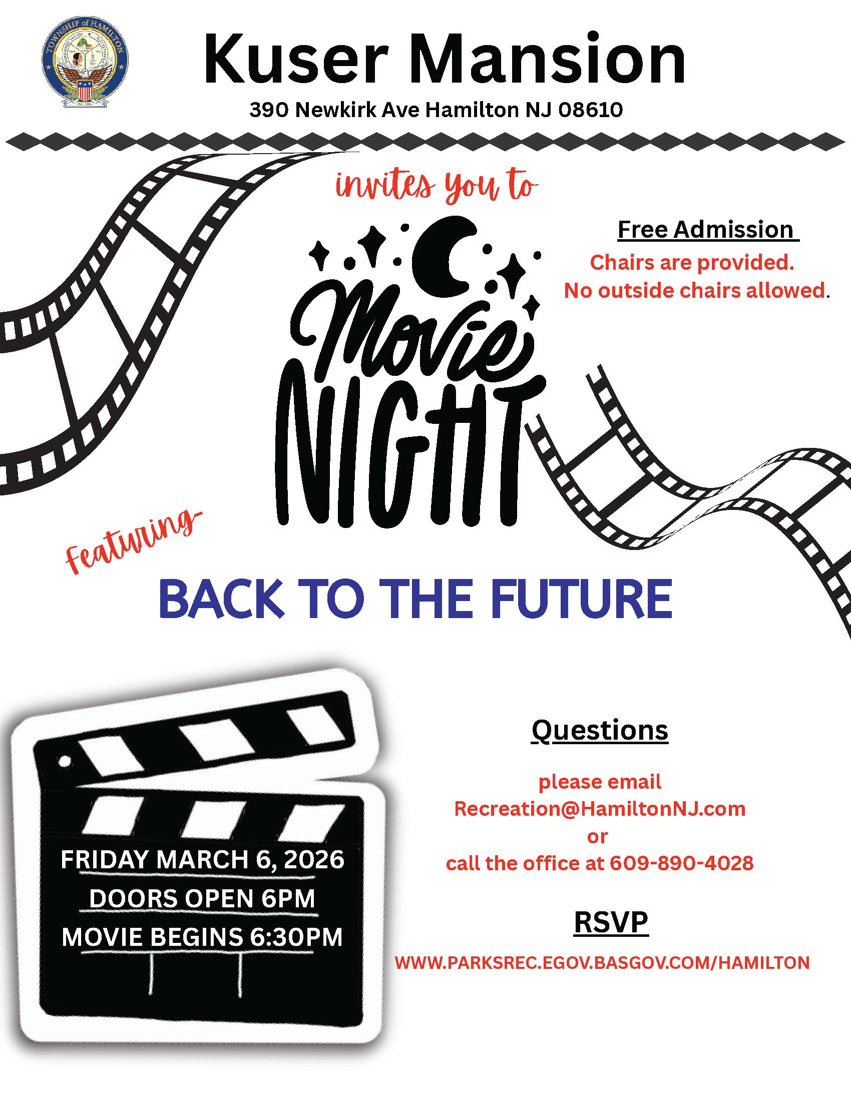 Kuser Movie Night Back to the Future flyer with movie graphic illustrations and text