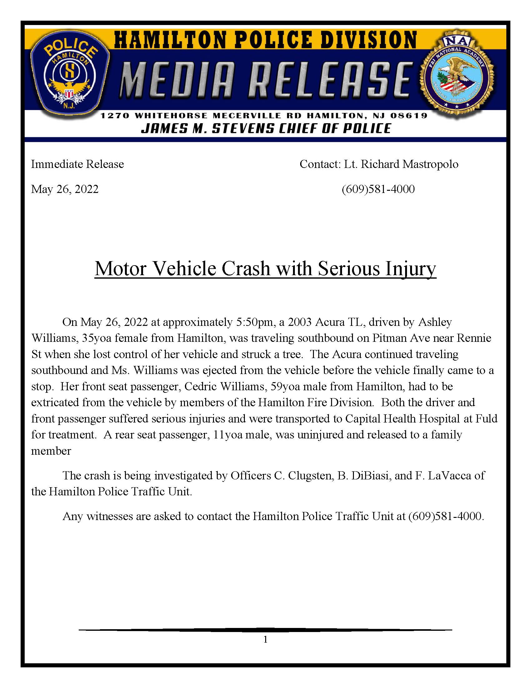 05/26/2022 - Motor Vehicle Accident with Serious Injury - Pitman Ave near Rennie St