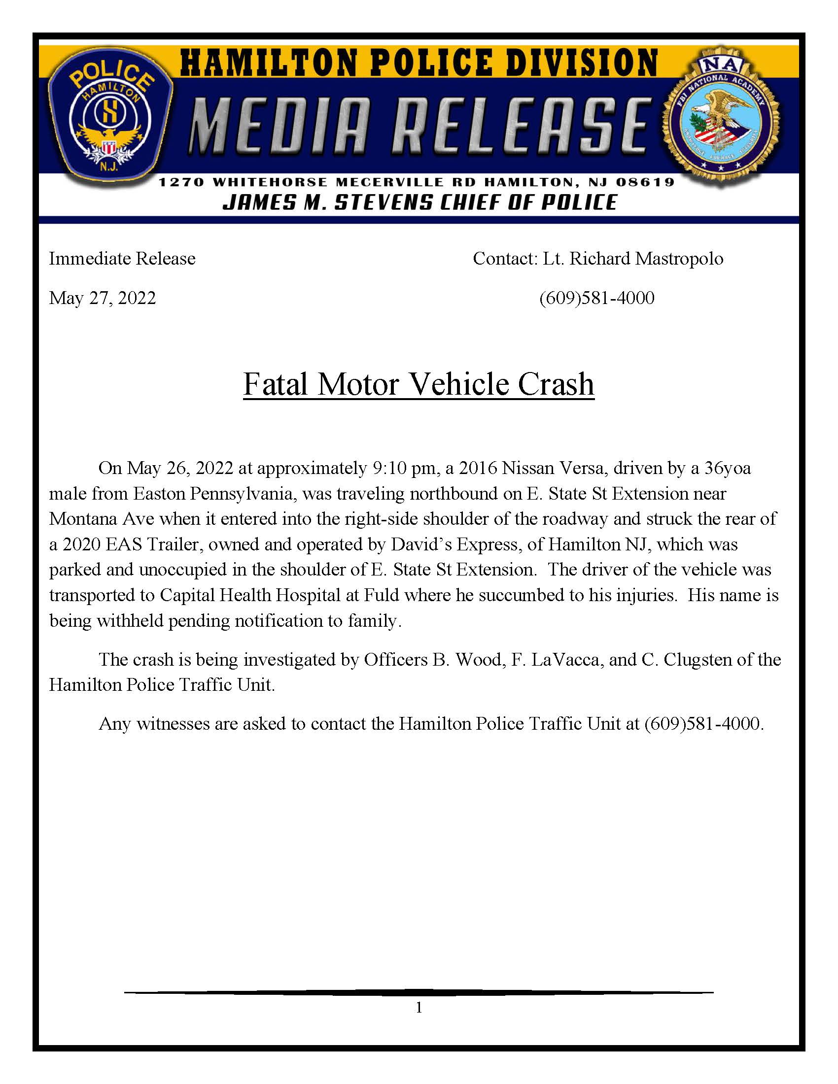 05/27/2022 - Fatal Car Accident - E. State and Montana