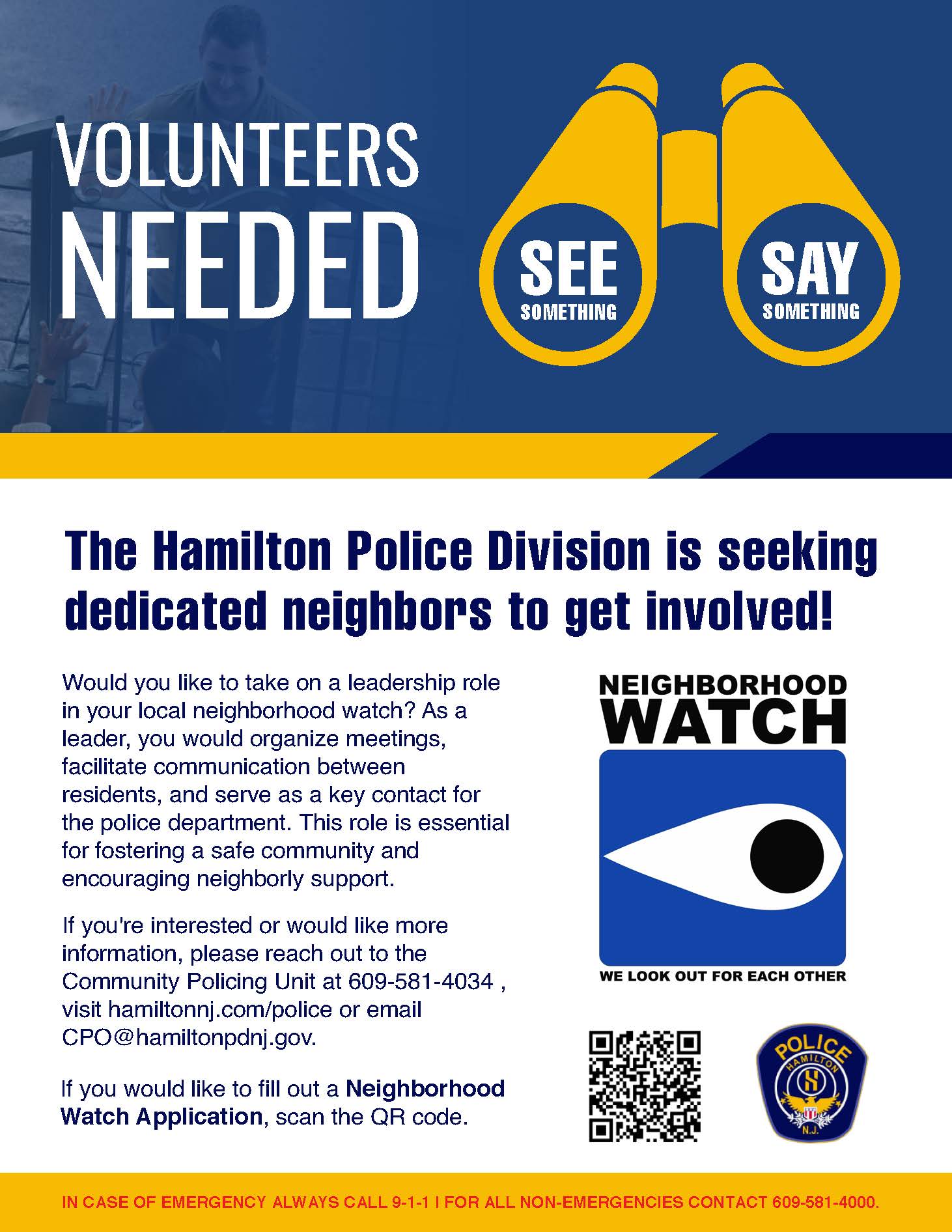 Flyer with binoculars stating Volunteers Needed See Something Say Something