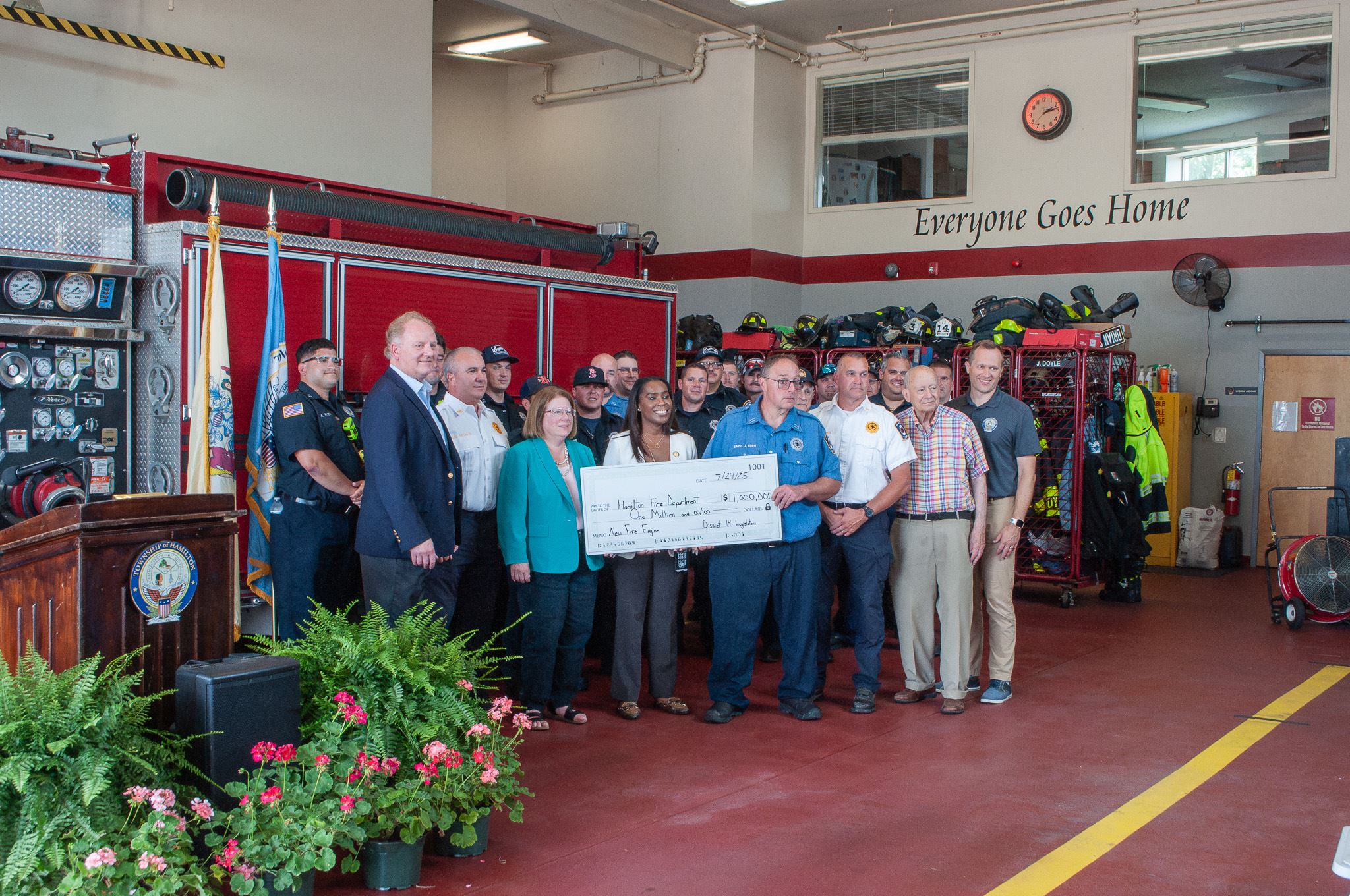 Group photo of the 2025 check presentation for the new fire engine grant