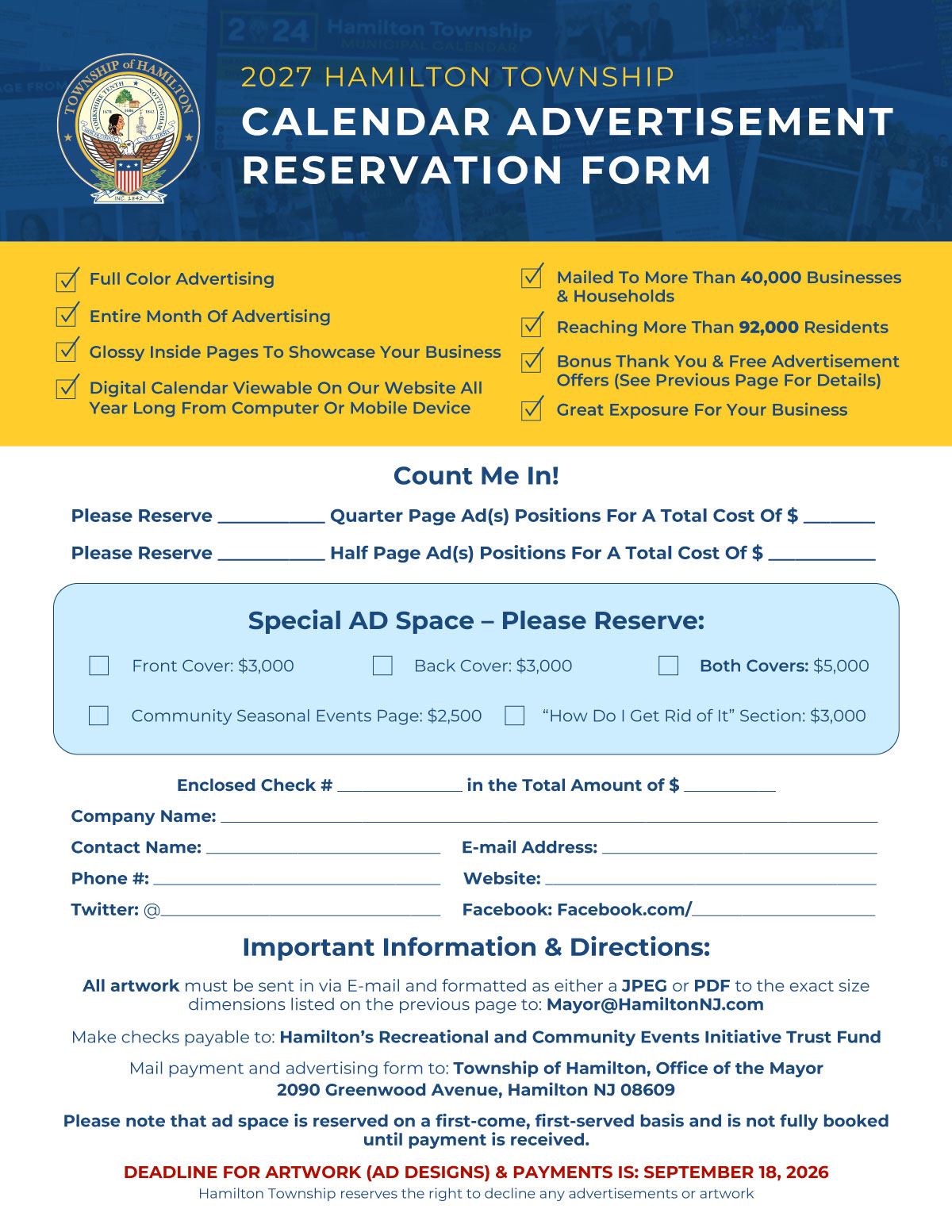 Chart with Hamilton Township Calendar Advertisement Opportunities in yellow, and blue colors.
