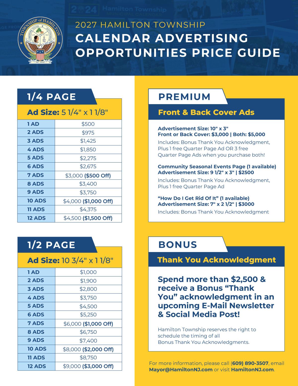 Chart with Hamilton Township Calendar Advertisement Opportunities in yellow, and blue colors.